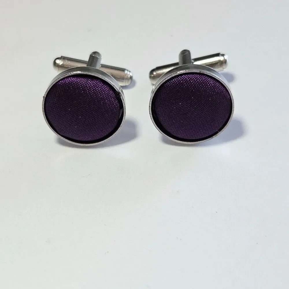Silver tone purple fabric cufflinks